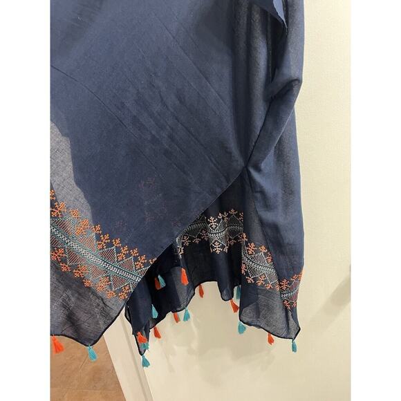 Womens Kimono One Size Blue Orange Embroidered Tackles Boho Art To Wear - Picture 4 of 9